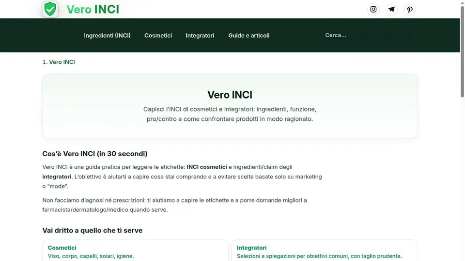 Homepage del progetto Vero INCI
